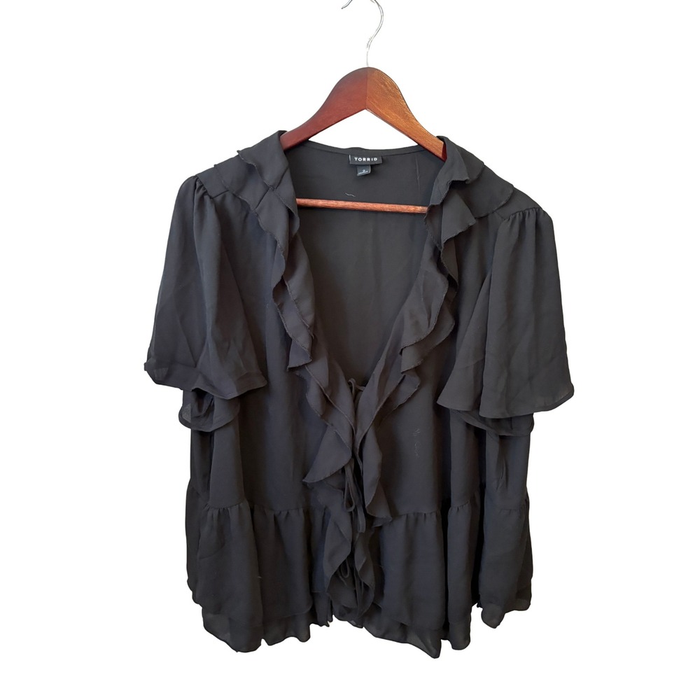 Torrid Black Chiffon Ruffle Front Tie Peplum Blouse Goth Whimsigoth Top 2 2X